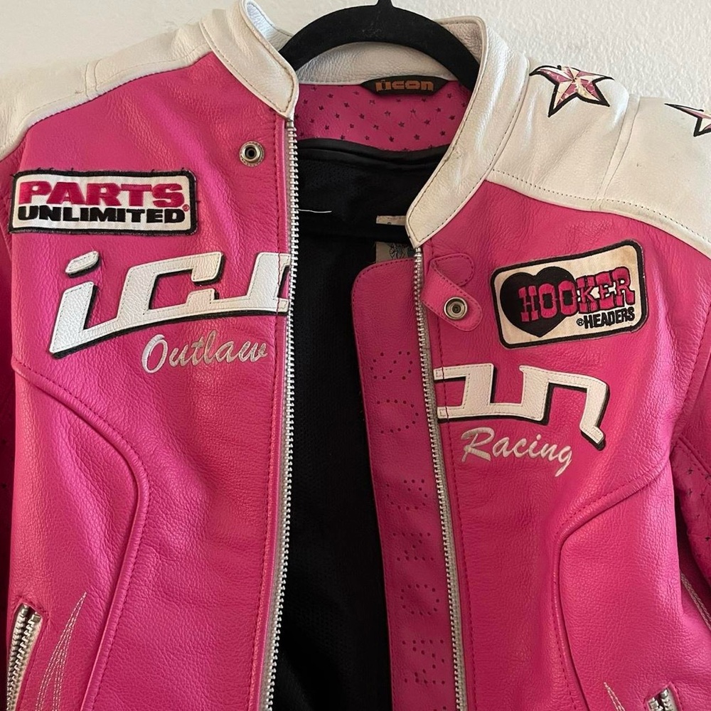 Hot pink Icon outlaw racing Jacket.